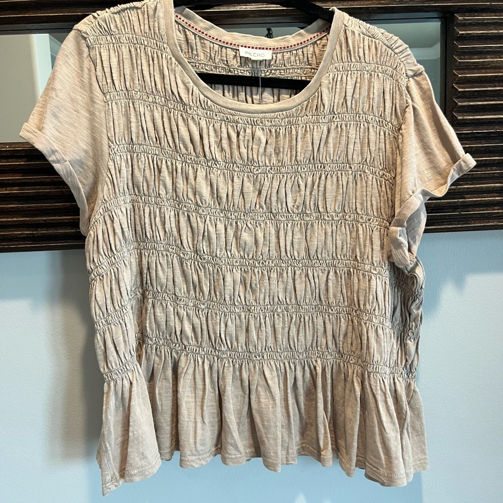 Anthropologie Beige Taupe Short Sleeve Smocked Peplum Top - Picture 3 of 6